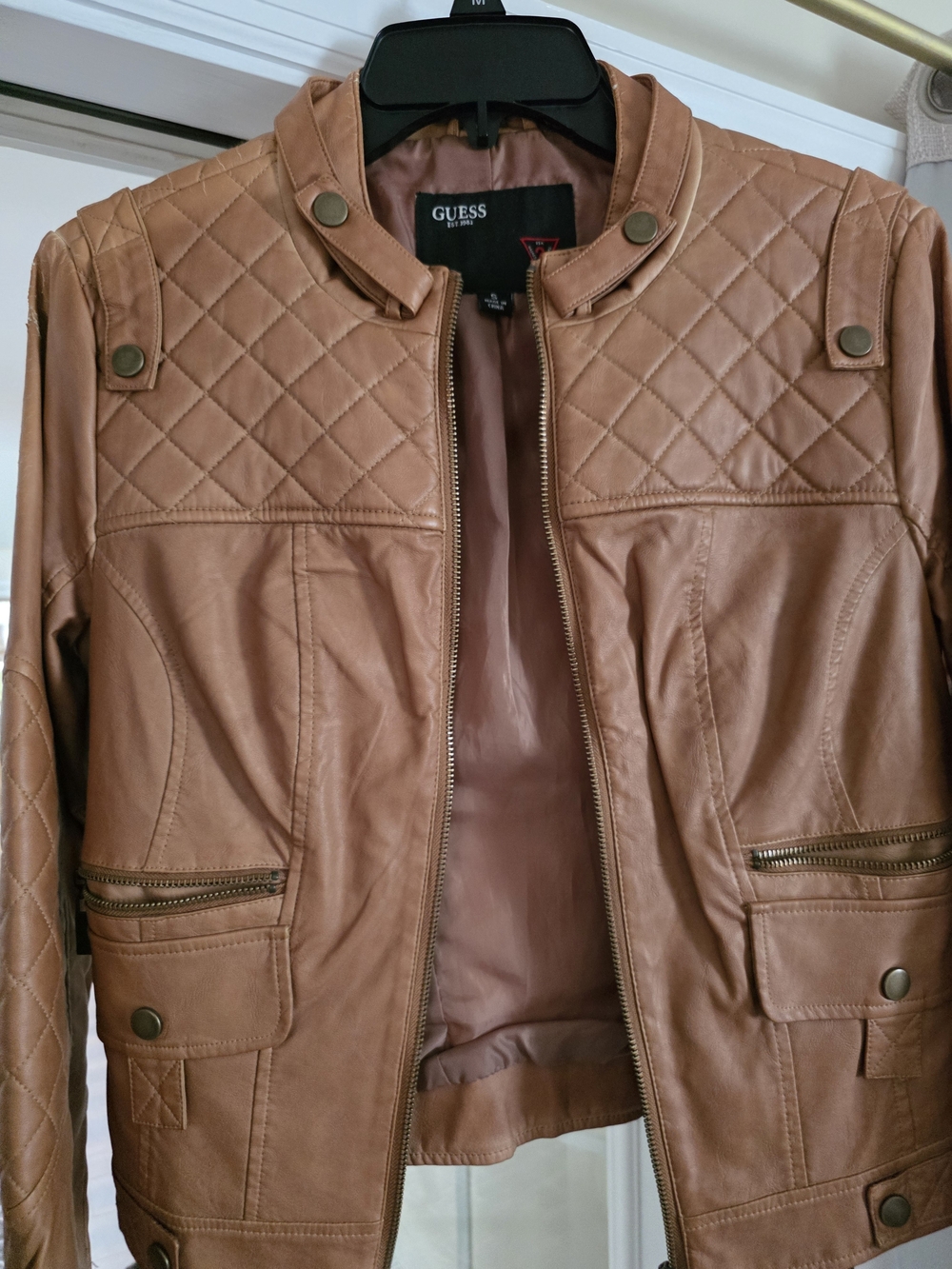GUESS Women's Cognac Quilted Faux Leather Jacket